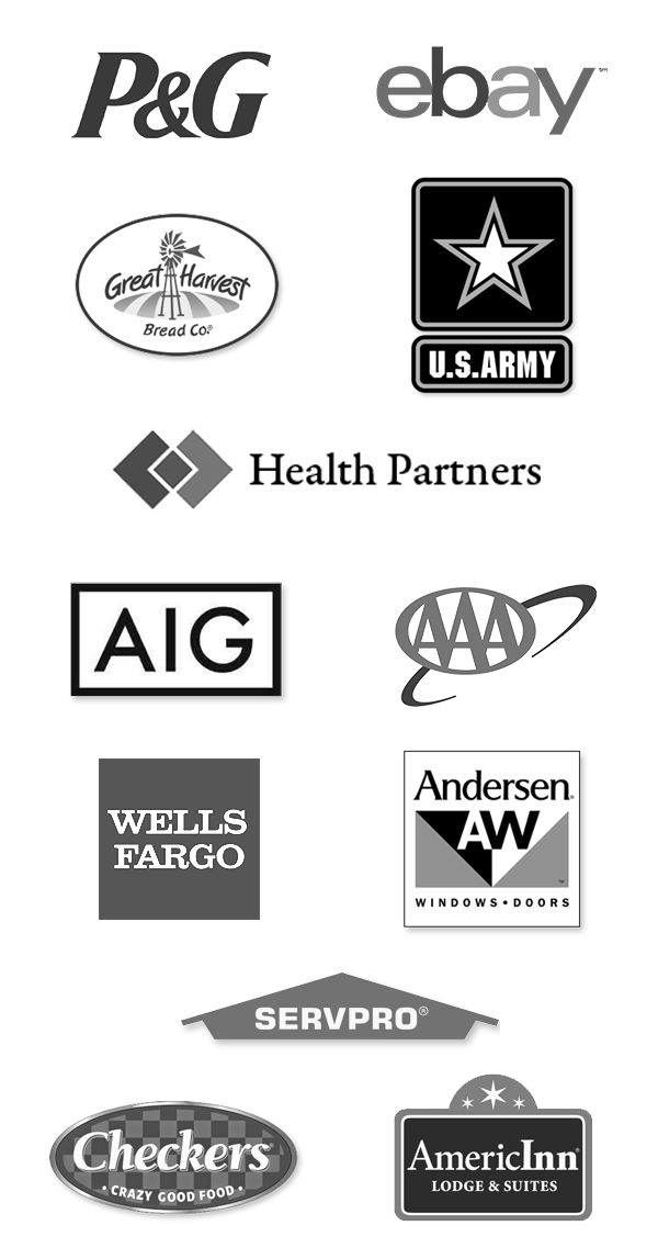 Mark Scharenbroich has spoken for AAA, Proctor & Gamble, US Army, ebay, Health Partners, Andersen Windows, Greta Harvest Bread Co., AIG, Wells Fargo, Servpro, Checkers Restaurants, AmericInn Lodge & Suites 